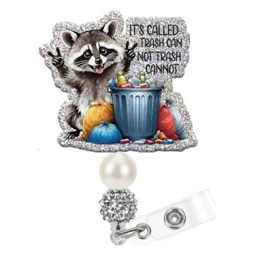 Imagem de Obookey Carretel de crachá de guaxinim engraçado, suporte de crachá de identificação de guaxinim fofo com clipe retrátil chamado lixeira, emblemas de panda de desenho animado para enfermeiras, médicos