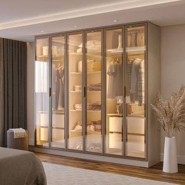 Imagem de Guarda-roupa 6 Portas Reflecta com Led 100% Mdf Orion CabeCasa MadeiraOriginals Aveia