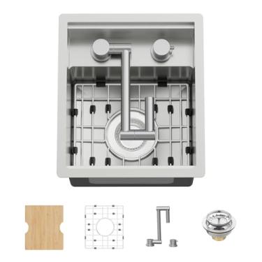 Imagem de Pia de cozinha e bar para trailers de 33 x 38 cm - tigela única de aço inoxidável com economia de espaço, pia de cozinha e bar vem com torneira dobrável, tábua de corte, grade SS boa para trailer