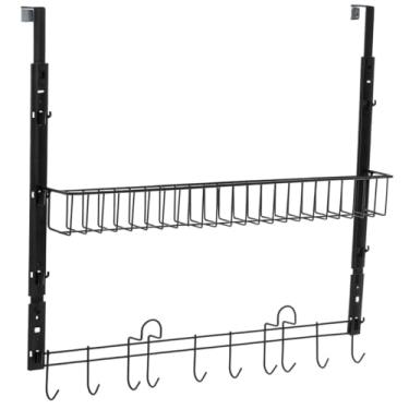 Imagem de Suporte Rack de Porta Organizador para Lavanderia com Ganchos e Cesto, Material Resistente, Capacidade 2,5kg, Multiúso (Preto)