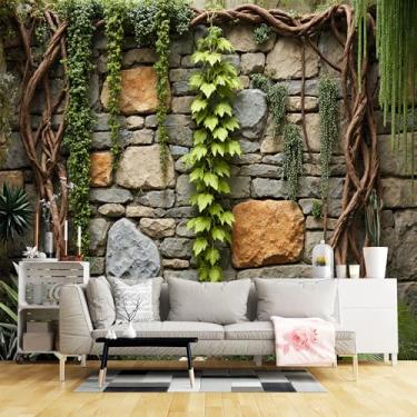 Imagem de Murais de parede de tamanho personalizado, parede de pedra rústica vinhas verde tecido de parede autoadesivo (sem PVC) papel de parede grande removível para sala de estar, quarto, escritório