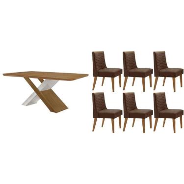 Imagem de Sala Jantar Mesa Imperatriz Tampo Curvo 180cm+6 Cadeiras Dafne Madeira Naturale/Off White - Capuccino/Suede Marrom - Rufato