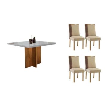 Imagem de Sala Jantar Mesa Berlim Tampo c/ Vidro Curvo 90cm+4 Cadeiras Tilia Madeira Naturale/Off White - Capuccino/Linho Bege - Rufato