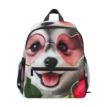 Imagem de GAIGEO Valentine Husky Dog Cute Little Kid Backpack 10x4x12 In, Kindergarten Backpack for Girls with Water Bottle Pockets, Whistle Buckle