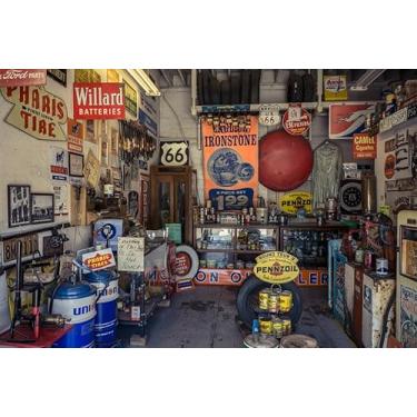 Imagem de BELECO 2,1 x 1,5 m Tecido Rota 66 Posto de Gasolina Museu Garagem Pano de Fundo para Fotografia Rota Histórica 66 Arizona, EUA Estúdio