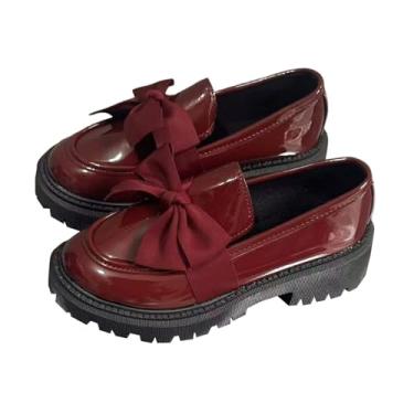 Imagem de Sapatos elegantes casuais versáteis estilo britânico um pé chute salto grosso confortável laço redondo tamanho grande salto grosso pequeno sapatos de couro, Vinho vinho, 36