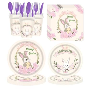 Imagem de USUKUSI 24 peças de pratos de papel de Páscoa, flores de coelho, descartáveis, primavera, floral, redondo, mesa, jantar, sobremesa, tema para aperitivos, artigos de decoração de festa, 18 cm