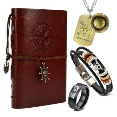 Imagem de HJYZY Chapéu de Palha Cospaly Luffy Colar OP Anel de Aço Inoxidável Anime Pirata Pulseira Caveira Nami Couro Escrita Caderno 4 Peças, 1, Metal, Sem Pedra Preciosa