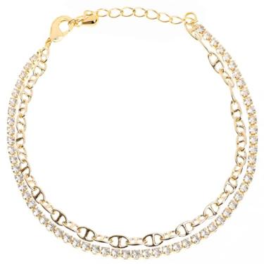 Imagem de Moslovstar Pulseira de tênis feminina banhada a ouro 14K com corrente de zircônia cúbica de camada dupla ajustável para presente, 8 inch, Zircônia cúbica, Sem Pedra Preciosa