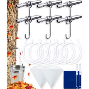 Imagem de Kit de batida de xarope de bordo, kit de batida para árvore de bordo com 6 torneiras de xarope de bordo de aço inoxidável, 6 tubos de xarope de bordo, 6 ganchos, 2 filtros de seiva de bordo, kit de