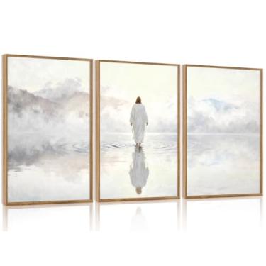 Imagem de IARTTOP Arte de parede em tela cristã de Jesus branco emoldurado, decoração de parede abstrata Jesus andando na água, impressões artísticas religiosas modernas de fé cristã para igreja, sala de estar