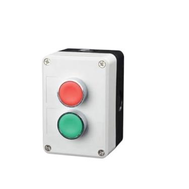 Imagem de AEHON Novo botão de metal XB2 caixa de controle Start Stop Símbolo de identificação industrial auto reset interruptor de parada circular de emergência (2 furos)