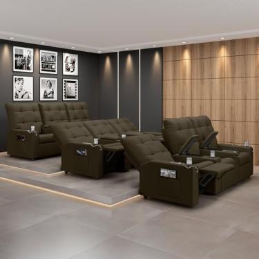 Imagem de Poltrona do Papai Reclinável Sala de Cinema Movie 3 Lugares Manual Baú USB Veludo Capuccino