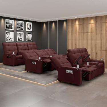 Imagem de Poltrona do Papai Reclinável Sala de Cinema Movie 3 Lugares Manual Baú USB Veludo Vinho