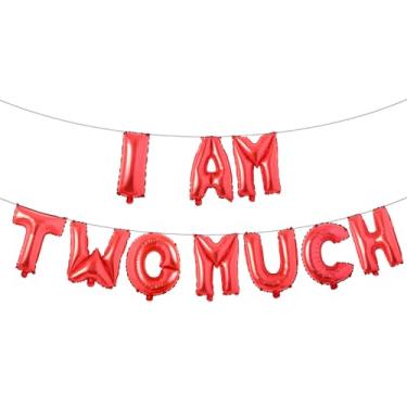 Imagem de Bandeira de balão I AM Two Much para meninas/meninos/crianças, 2º aniversário, guirlandas multicoloridas com glitter para decoração de festa de aniversário de 2 anos (I AM TWO MUCH Red)