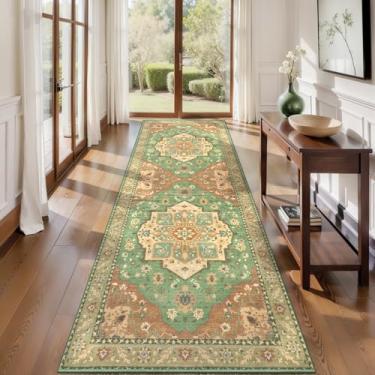 Imagem de SERISSA Tapete de corredor, 5 x 20 cm, lavável, antiderrapante, tapete para corredores, macio, vintage, oriental, interior, para entrada, cozinha, lavanderia, quarto, banheiro, terracota, verde