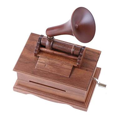 Imagem de Lss9azznmm Caixa de música de madeira retrô mão caixa de música criativa DIY com papel de som caixa de música gramofone adequada para aniversário, casamento, caixa musical de madeira