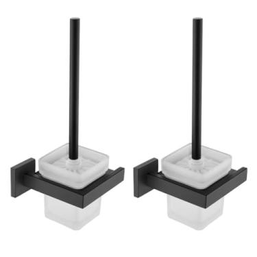 Imagem de Acessórios de banheiro preto fosco toalheiro suporte de papel suporte de escova de vaso sanitário prateleira de parede de vidro suporte de escova de dentes, conjunto completo 01 (2 peças de suporte de