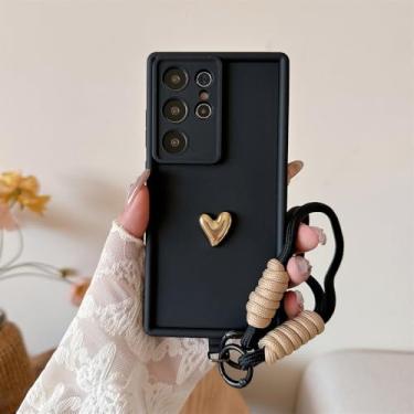 Imagem de Capa de pulso com estampa de coração dourado 3D para Samsung Galaxy S25 Ultra S23 S22 Plus S24 S21 FE Note 20 A56 A55 A36 A35 A26 A16 A15 5G, preta, para Galaxy A05S 4G
