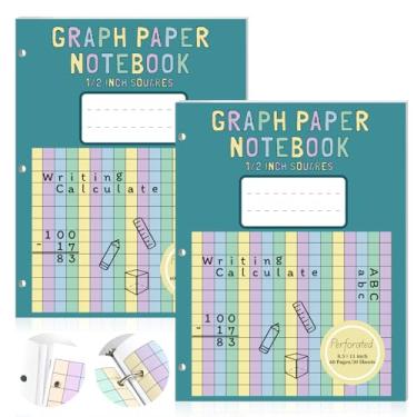 Imagem de Caderno de papel quadriculado colorido com 60 folhas, papel quadriculado grande de 21,6 cm x 28 cm para fichário de 3 anéis, quadrados, grade de matemática, papel de escrita com 3 furos, para crianças