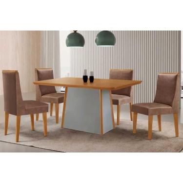 Imagem de Conjunto Sala de Jantar Tilia c/ Tampo Madeirado Canto Curvo 120x80cm e 4 Cadeiras Dakota Madeira Maciça Naturale/Off White - Capuccino/Corano Capucci