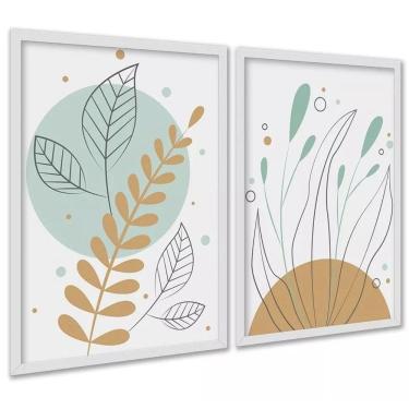 Imagem de Kit 2 Quadros Boho Plantas Tons Pastéis Verde 33X24Cm