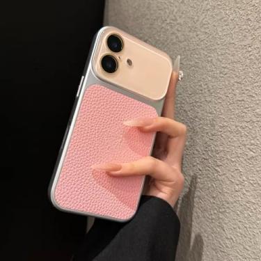 Imagem de Capa de couro com janela grande e blocos de cores para iPhone 13, 17 Pro Max, 16, 15 e 14 Pro Max com proteção para lente de vidro (para iPhone 15 Pro Max/Rosa)