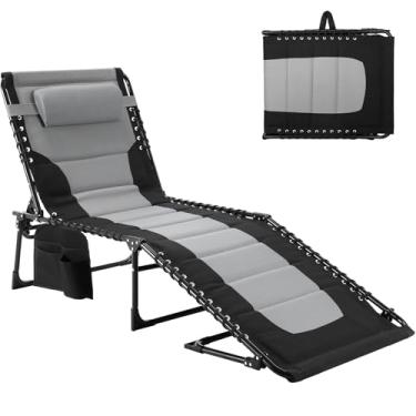 Imagem de TLSUNNY Poltrona dobrável acolchoada, cadeira reclinável portátil com travesseiro e bolso lateral, espreguiçadeira ajustável de 5 posições ao ar livre com alça de transporte, para praia, piscina