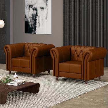 Imagem de Kit 2 Poltronas Decorativas Sala de Estar Stanford Chesterfield Pés de Madeira Couro Caramelo G58 - Gran Belo
