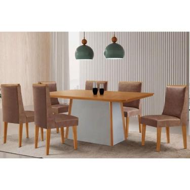 Imagem de Conjunto Sala de Jantar Tilia c/ Tampo Madeirado Canto Curvo 180x90cm e 6 Cadeiras Dakota Madeira Maciça Naturale/Off White - Capuccino/Corano Capucci