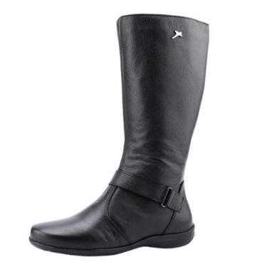 Imagem de Bota Feminina Rasteira Cano Alto em Couro Preta Moda Casual Cor:;Tamanho:38-Feminino