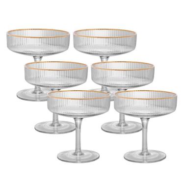 Imagem de Jogo 6 Taça De Vidro Coupe Com Borda Dourada Lines Canelada Para Drinks Sobremesa Wolff 200ml