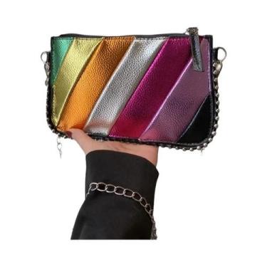 Imagem de Bolsa Clutch Feminina Listrada Arco-Íris Leve E Fashion, Bolsa De Ombr