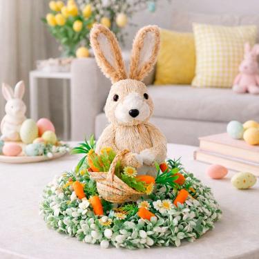 Imagem de Arranjo Enfeite Páscoa Coelho Ovos Flores Centro Mesa 38cm