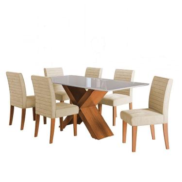 Imagem de Conjunto De Mesa Sala De Jantar Tampo Com Vidro 1,80m Grécia 6 Cadeiras Creta Dobuê Madeirado / Bege