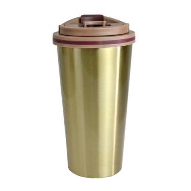 Imagem de Copo térmico em aço inox com tampa e alça 450ml - Interponte, DOURADO