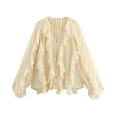Imagem de Blusa Feminina Sexy Transparente Com Babados E Decote V, Camisa Casual