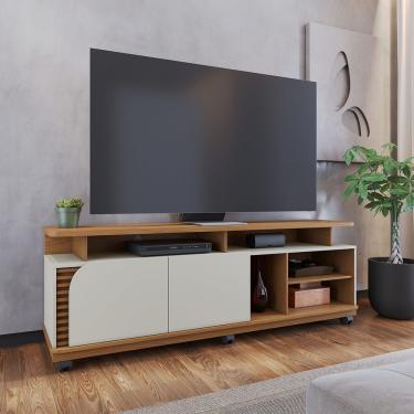Imagem de Rack para TV Jurerê 75" 180CM MDF MDP com Nichos Ripados e Porta Assimétrica Freijó Off...