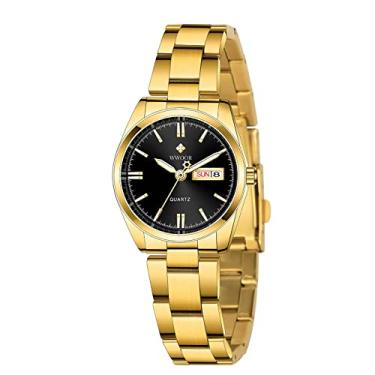 Imagem de Relógio feminino analógico de quartzo com mostrador pequeno e data de aço inoxidável à prova d'água, Dourado, preto,