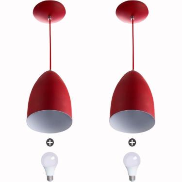 Imagem de Kit 2 Lustre Pendente Cone De Alumínio Vermelho + Lampada