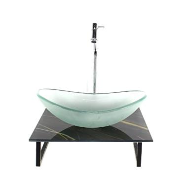 Imagem de KIT CUBA DE VIDRO OVAL 10MM JATEADA COM TAMPO DE VIDRO 40CM X 40CM MÁRMORE PRETO DOURADO E SUPORTE PRETO