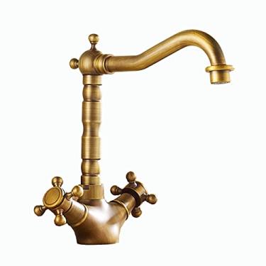 Imagem de LIDON Torneira da pia do banheiro Torneira de água quente e fria Torneira de alça dupla Torneira da pia do banheiro Latão antigo Torneira de cozinha de latão Torneira de vaidade furo único, antigo B (cor: antigo B)