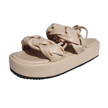 Imagem de Sandálias para mulheres tamanho feminino moda verão cor sólida couro tecido tira no tornozelo sandálias de sola grossa (bege, 7)