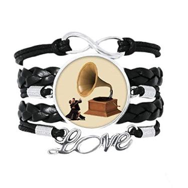 Imagem de OFFbb-USA Pulseira de música de instrumento clássico gramofone dança acessório amor corda de couro torcido presente