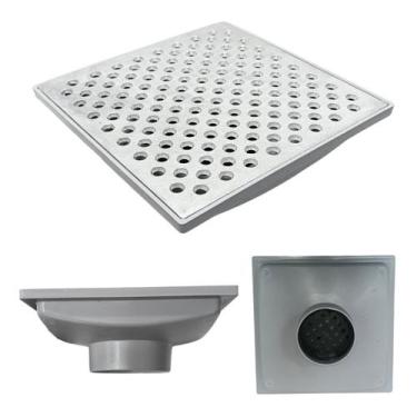 Imagem de Ralo Pluvial 20x20 Alumínio Perfurado Bolinha Coletor Cinza Saída Baix
