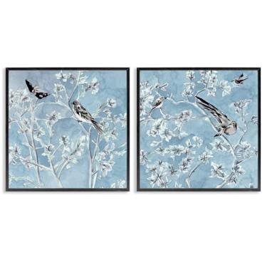 Imagem de Stupell Industries Conjunto de arte giclée emoldurado preto com pássaros de serenidade cunhada sobre azul por Melissa Wang, 43 x 43 cm