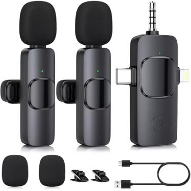 Imagem de Microfone sem fio 3 em 1 para iPhone, câmera, iPhone Mic, microfone USB-C, microfone de lapela sem fio, mini microfone profissional com redução de ruído, microfone de lapela para