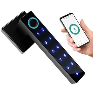 Imagem de Fechadura de porta com impressão digital, fechadura de entrada sem chave com alça, maçaneta inteligente com teclado para quarto, hotel, escritório, fechadura biométrica com controle de aplicativo