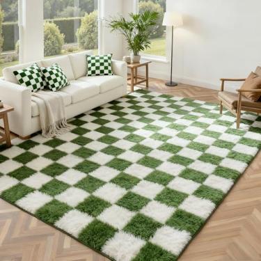 Imagem de Andency Tapete felpudo 15 x 23 cm, xadrez, verde-oliva e branco, felpudo, macio, felpudo, para sala de estar, quarto, sálvia floresta, verde escuro, para decoração de dormitório, casa
