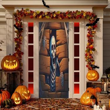 Imagem de Wassud Capa de porta de esqueleto assustador decoração externa faixa interna varanda decoração de casa grande decoração de porta da frente 96 x 98 polegadas